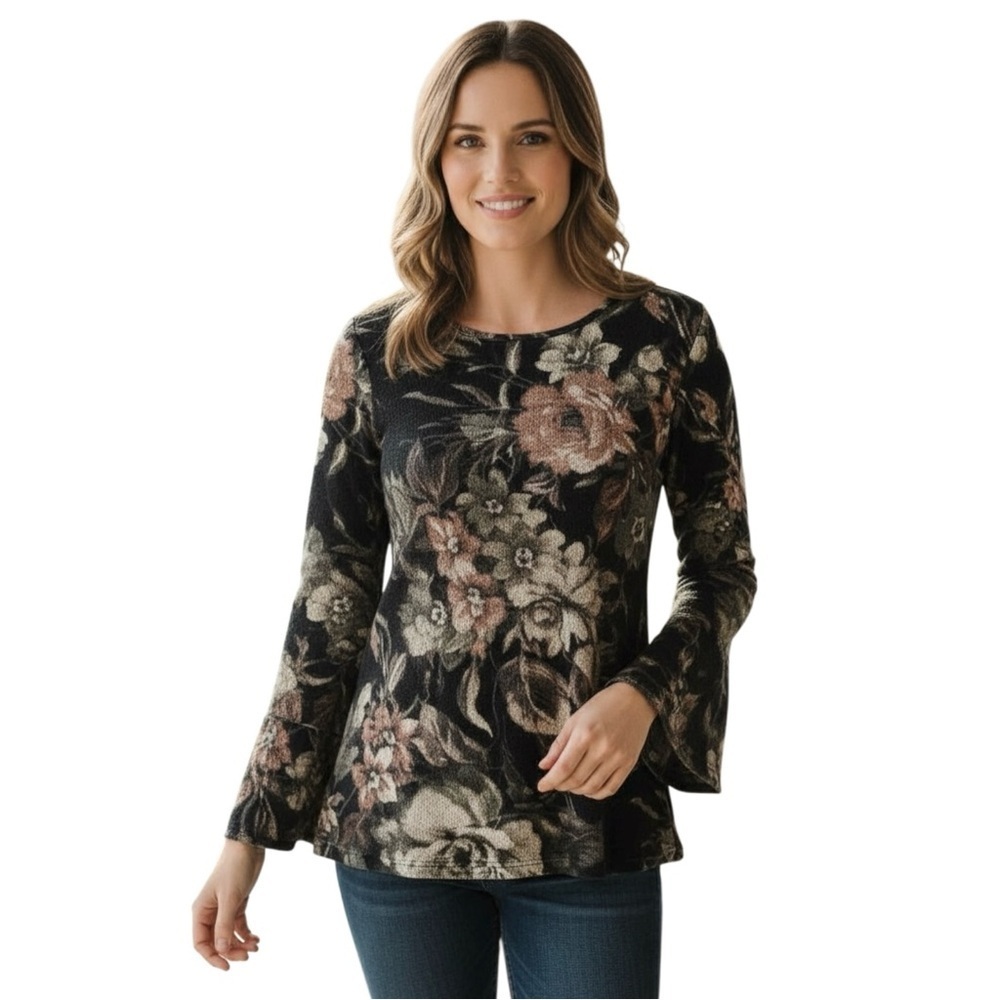 DANTELLE S Soft Pink Gray Black Floral Fleece Cozy Sweater Bell Sleeve R $68